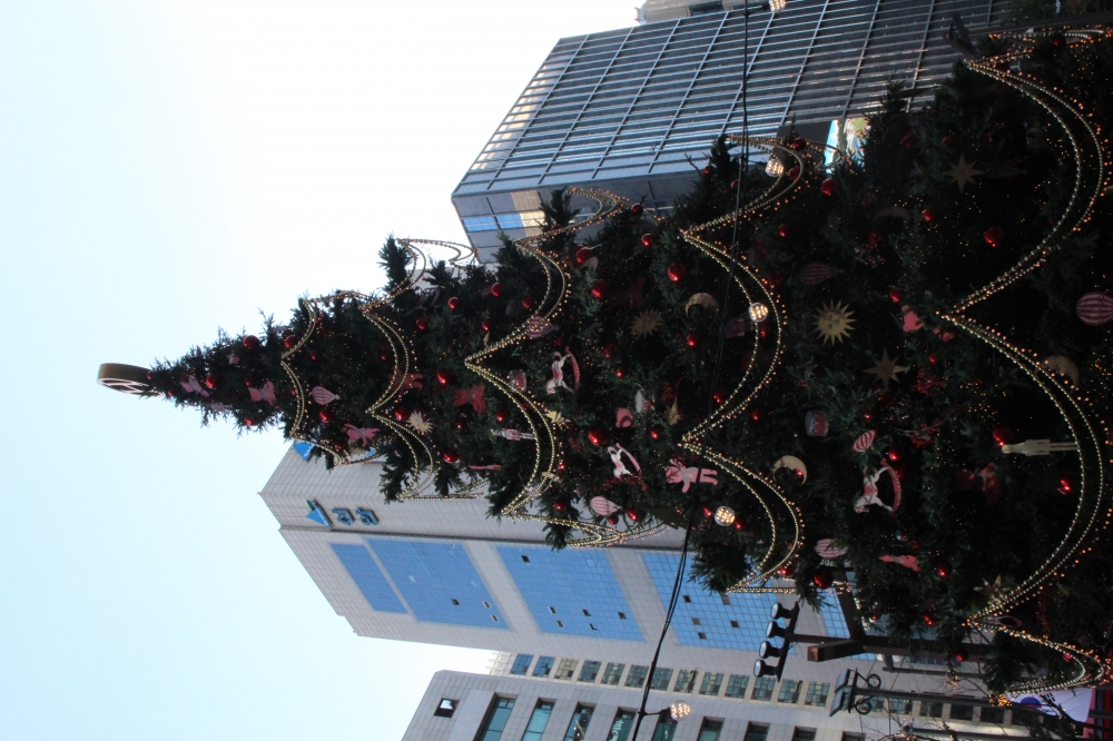 사진 설명 시작. 빨간색 공 등 장신구로 화려하게 장식된 크리스마스트리가 파란 하늘을 배경으로 우뚝 서있다. 사진 설명 끝.