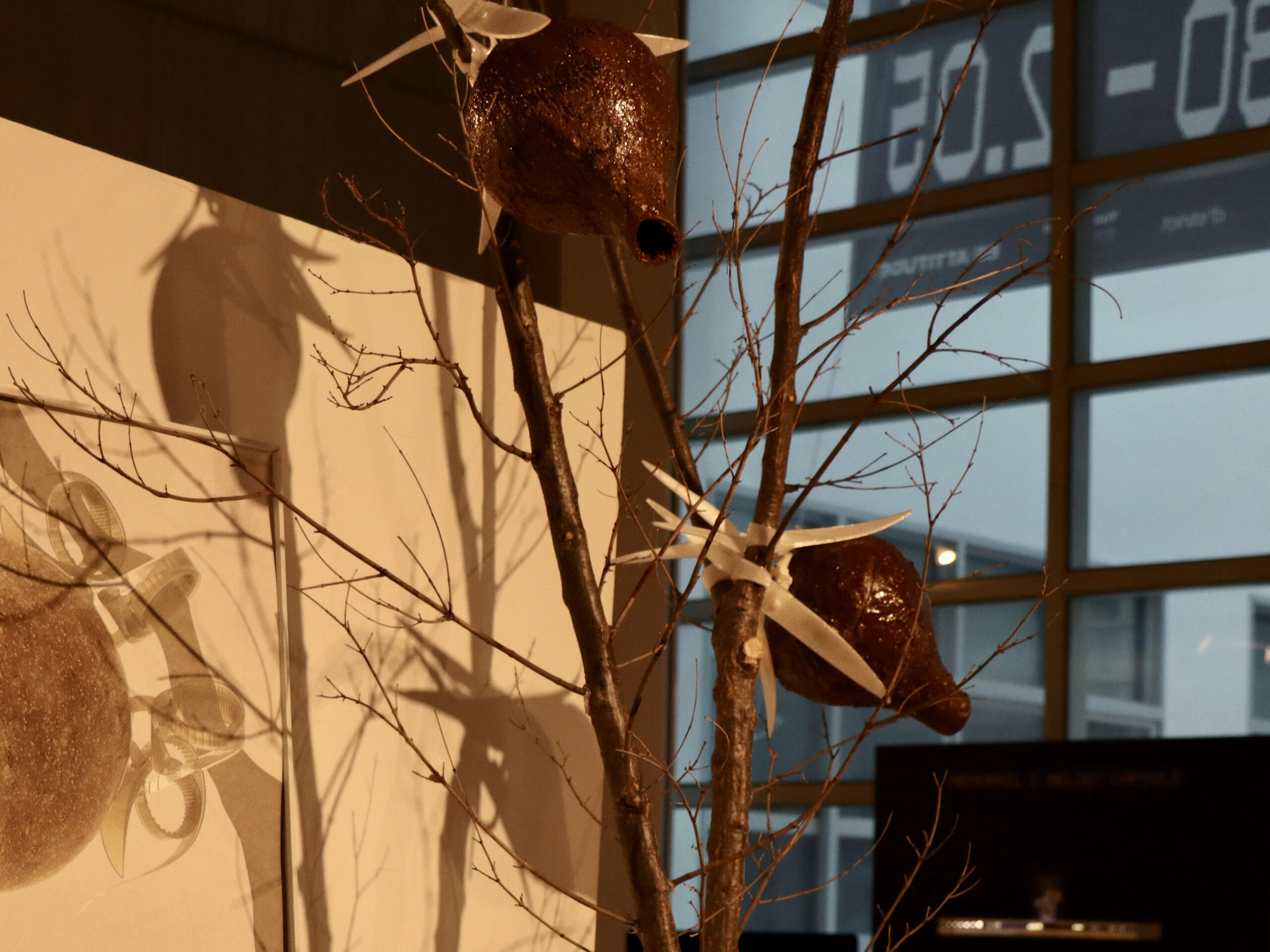 사진 설명 시작. 나뭇가지 위에 갈색 조롱박과 같은 모양새의 작품 두 개가 묶여 있다. 조롱박과 나뭇가지의 그림자가 뒤에 비치고 있고, 왼편에는 작품의 그림이 놓여 있다. 사진 설명 끝.