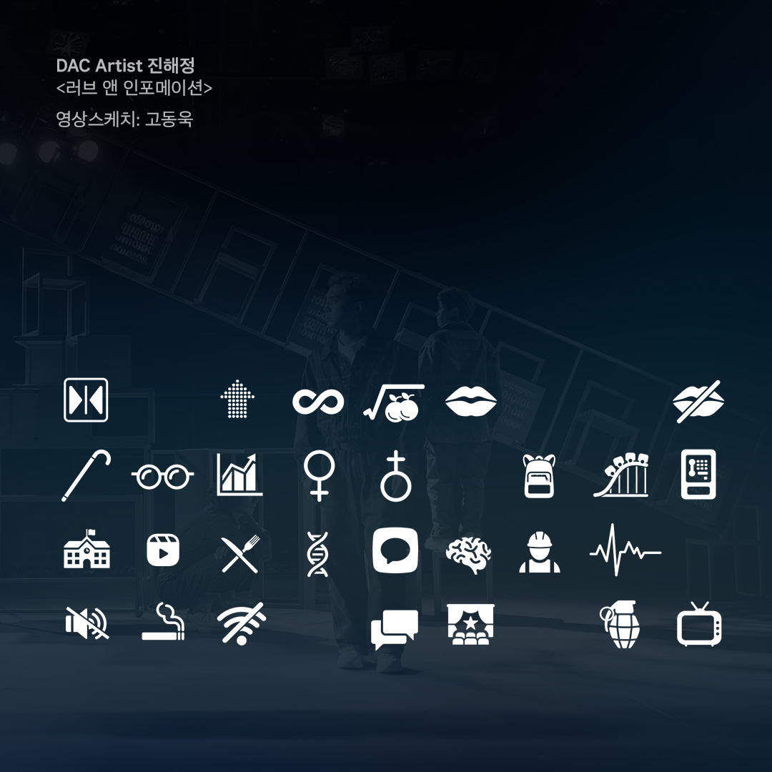 사진 설명 시작. 극이 진행되는 동안 무대 위 구조물에는 장면과 관련된 아이콘이 떠있다. 사진은 극에 등장하는 아이콘들을 나열한 것이다. 검은색 배경에 왼쪽 위에는