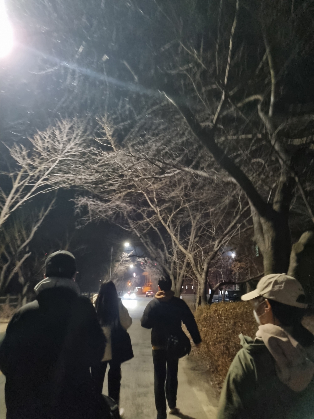 사진 설명 시작. 새벽녘, 도로 위를 걸어가고 있는 4명의 사람이다. 사진 설명 끝.