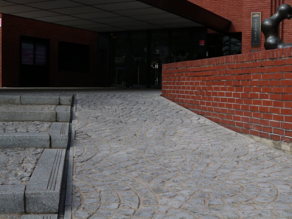 사진 설명 시작. 혜화동 아르코예술극장의 입구이다. 왼쪽에는 계단이, 오른쪽에는 휠체어램프가 있다. 계단과 휠체어램프 모두 포석을 깔아 만들었지만, 휠체어램프 쪽의 포석은 갈아내어 비교적 매끈하다. 사진 설명 끝.