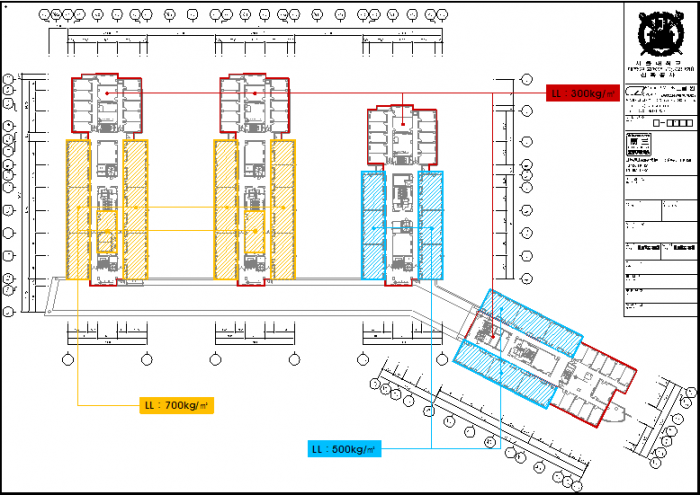 그림 2. 500동을 그린 지도에서 단위제곱미터당 빨간 부분이 300kg, 파란 부분이 500kg, 노란 부분이 700kg만큼의 하중을 견딜 수 있도록 설계됐다. 일반적인 실험실의 하중이 단위제곱미터당 500kg임을 감안할 때, 500동은 적재하중상으로 안전하게 지어졌다고 판단된다. ⓒ(주)남경씨엔아이.PNG