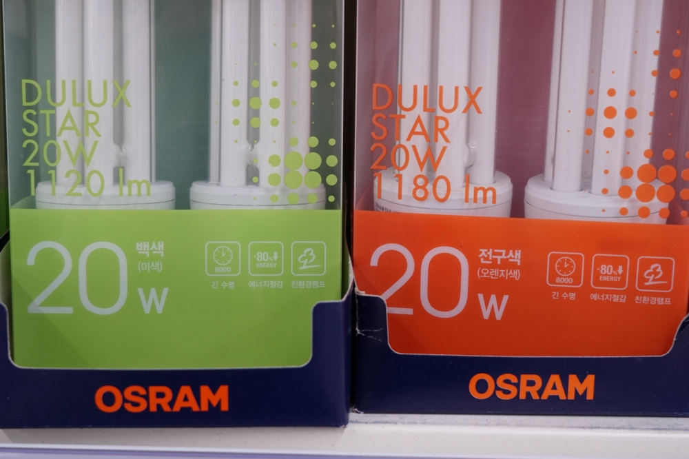 사진 설명 시작. 20와트 전구의 포장 문구가 크게 확대되어 있다. 포장 하단 오른쪽에 픽토그램과 함께 제품에 대한 설명이 적혀있다. 문구는 총 세 개로 차례로