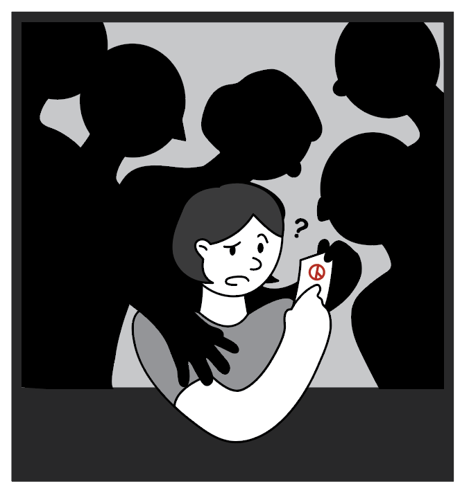 인포그래픽 설명 시작. 한 여성이 손에 투표권을 든 채 어리둥절한 표정으로 바라보고 있다. 여성의 뒤에는 검은 그림자들이 여성의 손에 있는 투표권을 노리면서 여성의 어깨를 잡고 앞으로 내세우고 있다. 인포그래픽 설명 끝.