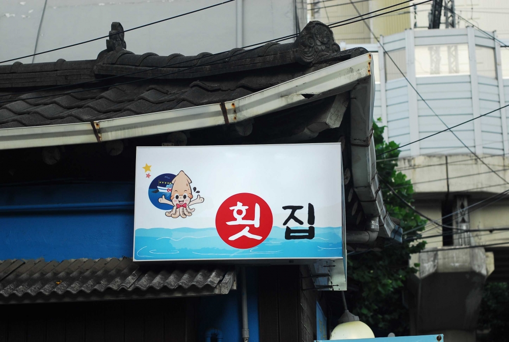 사진 설명 시작. 가로가 긴 직사각형 모양의 안내판이 화면 중앙에 위치한다. 안내판의 우측 중앙부터 하단까지