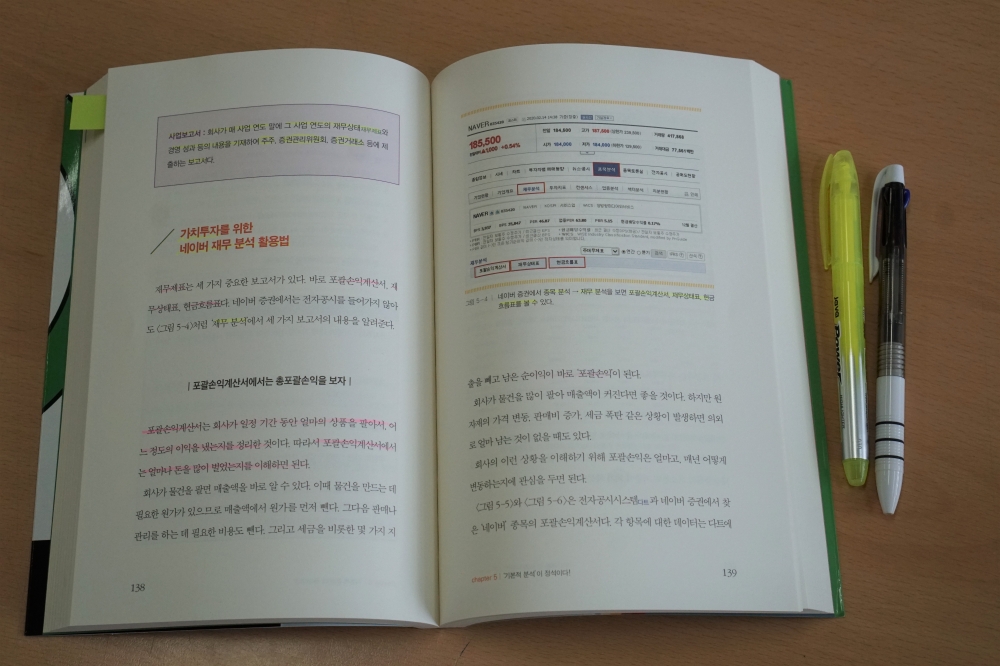 사진 설명 시작. 책상에 책이 있다. 책에는 형광펜과 색연필로 밑줄이 그여 있고 단어에 동그라미가 쳐 있다. 책의 오른쪽에는 형광펜 하나와 볼펜이 있다. 사진 설명 끝.