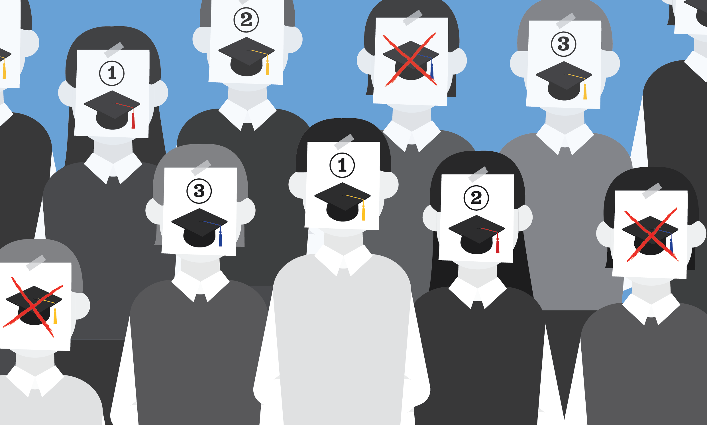 사진 설명 시작.파란색 배경에 약 10명의 사람들이 정면을 바라보며 서 있고, 얼굴에는 학사모가 그려진 종이가 붙어 있다. 학사모 그림 위에는 무작위로 1,2,3이라는 숫자가 써 있거나 학사모에 X가 쳐져 있기도 하다. 사진 설명 끝.